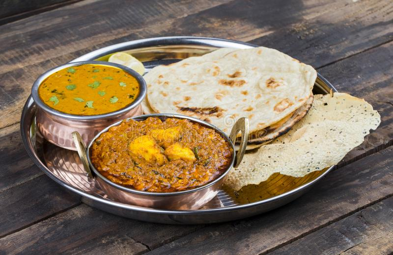Kadhai paneer, soya masala sabzi, roti thali: peppers, soy vegetable curry, Indian bread, flavorful, vegetarian