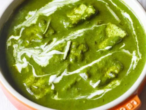 Palak paneer, dal tadka & rice: spinach, creamy cheese curry, lentil soup, rice, North Indian cuisine